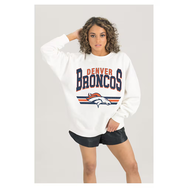 Women's White Denver Broncos Gameday Couture Sunday Drives Oversized Crewneck Pullover Sweatshirt(Run Small)